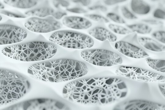 Close-up of intricate, white, organic lattice structure showcasing complex geometric patterns and detailed texture, perfect for scientific and technological concepts.