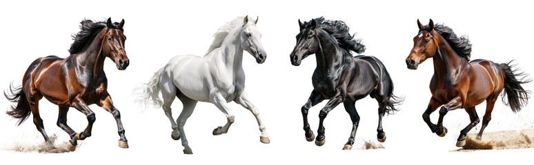 Obraz premium Set of Powerful Horse Stallion Running with Flowing Mane, Isolated on Transparent Background