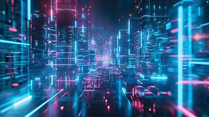A futuristic cyber city illuminated with neon lights, showcasing advanced architecture and high-tech infrastructure.
