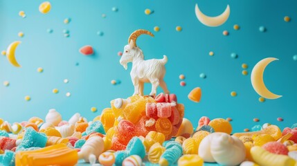 Eid al adha concept: colorful candy arranged with goat figurine and crescent moon symbol celebrating islamic festival
