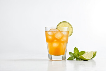 Fototapeta premium Orange Juice with Lime and Ice in Glass on White Background