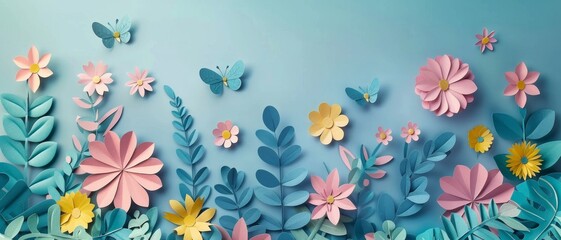 Beautiful paper flower art with butterflies in vibrant colors on a pastel background. Perfect for nature-themed and creative design projects.