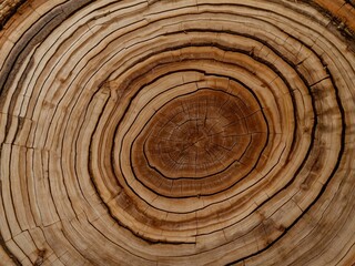 Fototapeta premium Old wood texture with annual rings and cracks. Beautiful wooden background. Aged tree stump close-up.