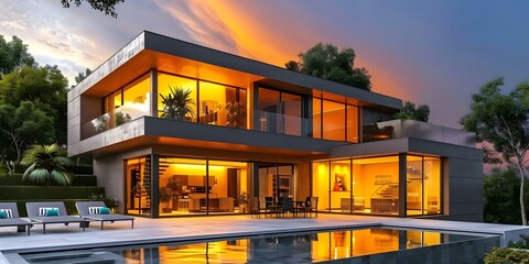 Obraz premium Luxury modern villa with a pool in a residential real estate setting. Concept Luxury Property, Modern Design, Private Pool, Residential Setting, Real Estate