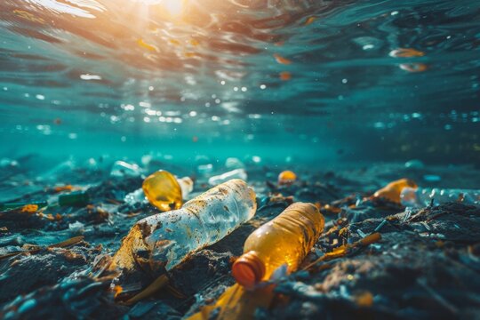 Multiple plastic bottles in sea rocks