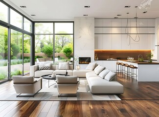 Vibrant midcentury modern living room with a fireplace, white sofa and armchairs near a kitchen island with barstools