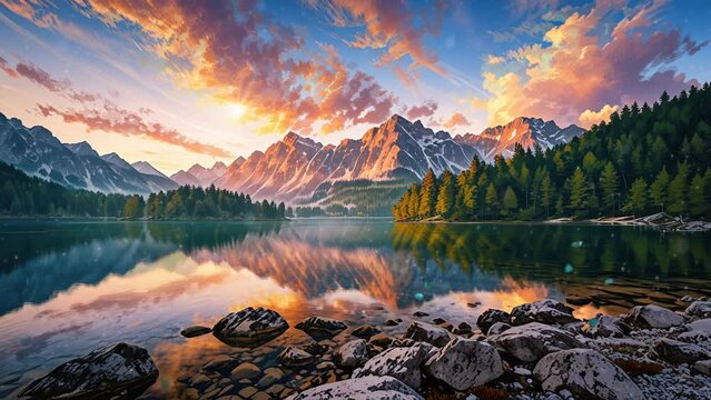 Anime video shows a sunset over a mountain lake. The sky is a bright orange and yellow, and the mountains are dark and green. The lake is calm and still, and there are trees on the shore