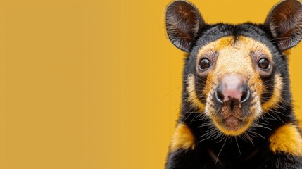 A close-up of a dog's face on a yellow background, with a black nose