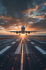 A jet plane taking off into the sky at sunset.