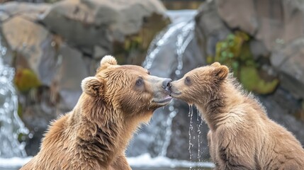 Naklejka premium Brown bears stand side by side atop a lush, green field adjacent to a waterfall Waterfalls cascade, its sides shimmering