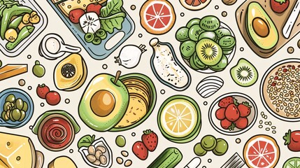 A detailed 2D outline illustration of a clean eating guide, showing different meal options for breakfast, lunch, dinner, and snacks