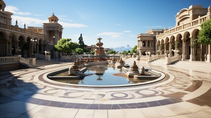 Obraz premium A picturesque urban plaza with historical monuments, fountains, people enjoying the open space, and a blend of old and new architecture. Minimal and Simple,