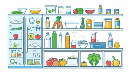 A detailed 2D outline graphic of a safe food handling process, illustrating steps such as washing hands, cleaning vegetables, and proper storage in a refrigerator