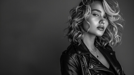 B&W portrait of model in haute couture wearing leather jacket outfit, style of an on location magazine shoot
