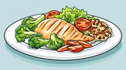 A clean 2D outline illustration of a healthy lunch plate with grilled chicken, quinoa, steamed broccoli, and a side salad