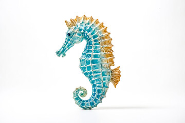 Blue and Gold Seahorse Figurine on White Background