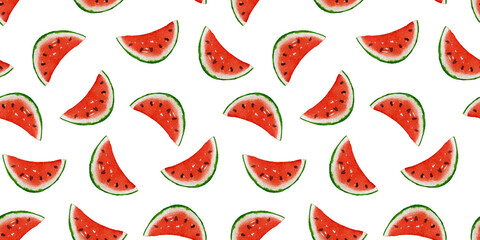 Seamless watermelon slices pattern, isolated on white background, watercolor illustration, for card, invitation, design, backgrounds, cosmetics, wrapping paper, scrapbooking