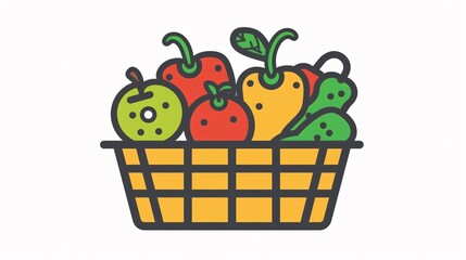 A simple 2D outline of a fresh produce basket, showing an assortment of colorful vegetables and fruits like tomatoes, bell peppers, apples, and oranges