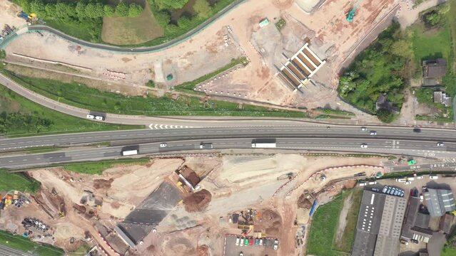 Drone shot of cars on a highway, Lichfield, England