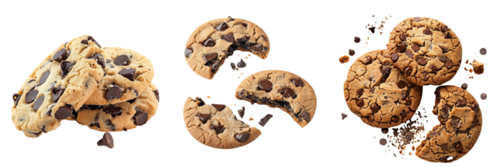 Set of chocolate chip cookies, capturing the mouthwatering moment on transparent background