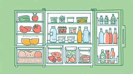 A simple 2D outline of a safe food storage system, showing a refrigerator with labeled sections for different types of food
