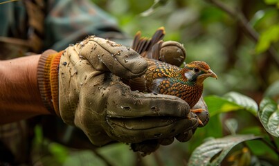 Obraz premium A gloved hand holds a quail while hunting at a plantation