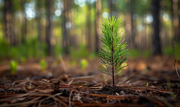 A seedling longleaf pine grows in a clearing among a managed longleaf pine forest in Francis Marion National Forest, South Carolina