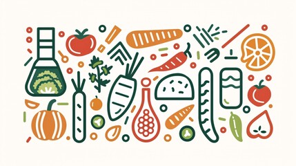 Obraz premium A minimalist 2D outline graphic of a balanced meal setup, featuring different food groups like proteins, grains, vegetables, and fruits