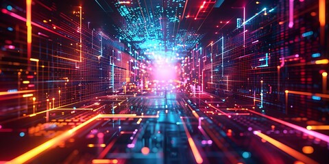 abstract illustration of geometric shapes and structures in colorful neon colors and lights in cyberspace against dark background