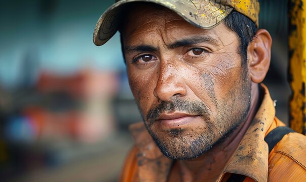 Hispanic man in work force. Hard worker, tough guy with serious face