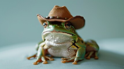 Serious frog with a brown cowboy hat portrait