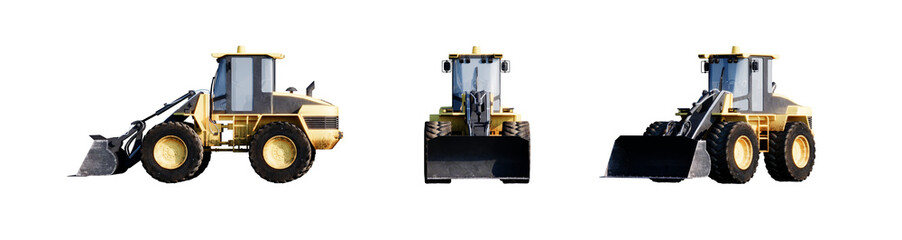 Set of Powerful yellow hydraulic wheel bulldozer isolated on Transparent . 3D illustration © Nawaphon