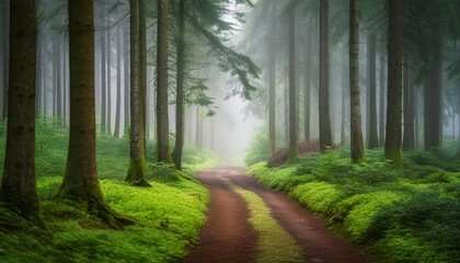 Fototapeta premium A serene forest path winding through lush green foliage, enveloped in a gentle mist. The soft light filters through the trees, creating a mystical and tranquil atmosphere. 