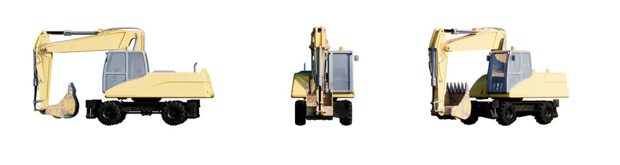 3d set of Heavy excavator on a transparent background, isolated. View from the cabin. 3d illustration