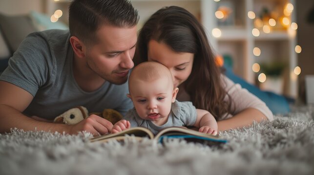 A happy couple sharing a book with their young child on a soft carpet, filled with joy and love