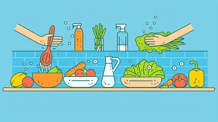 A clean 2D outline illustration of a safe food handling guide, showing steps like washing hands, cleaning vegetables, and proper storage of food