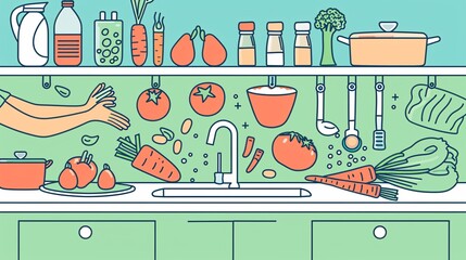A clean 2D outline illustration of a safe food handling guide, showing steps like washing hands, cleaning vegetables, and proper storage of food