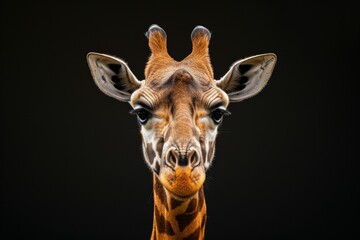 Naklejka premium Mystic portrait of Northern Giraffe, copy space on right side, Anger, Menacing, Headshot, Close-up View Isolated on black background