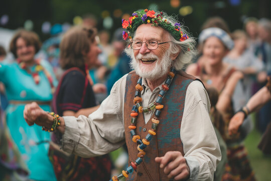 A man in a vest and a flower crown is dancing with a group of people