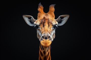 Fototapeta premium Mystic portrait of Northern Giraffe, copy space on right side, Anger, Menacing, Headshot, Close-up View Isolated on black background