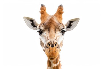 Fototapeta premium Mystic portrait of Northern Giraffe, copy space on right side, Anger, Menacing, Headshot, Close-up View Isolated on white background