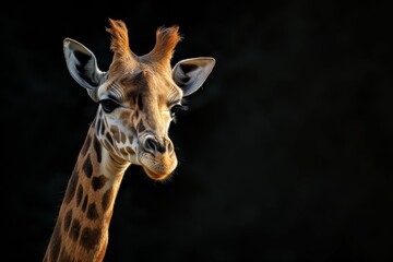 Obraz premium Mystic portrait of Northern Giraffe, copy space on right side, Anger, Menacing, Headshot, Close-up View Isolated on black background