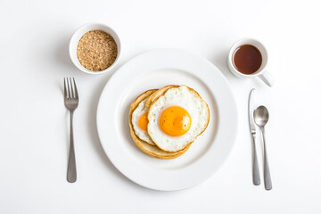 Fried Egg on Toast with Tea and Cereal for Breakfast