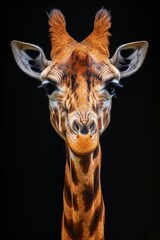 Fototapeta premium Mystic portrait of Northern Giraffe, copy space on right side, Anger, Menacing, Headshot, Close-up View Isolated on black background
