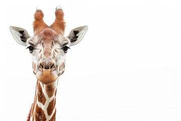 Obraz premium Mystic portrait of Reticulated Giraffe, copy space on right side, Anger, Menacing, Headshot, Close-up View Isolated on white background