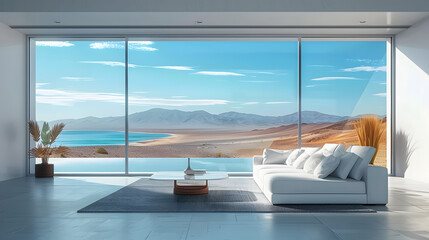 Fototapeta premium A white minimalist living room with large windows overlooking the sea, a sofa and coffee table on the right side of the frame