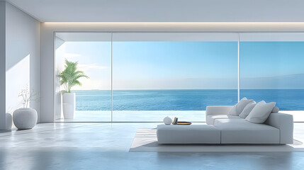 A white minimalist living room with large windows overlooking the sea, a sofa and coffee table on the right side of the frame