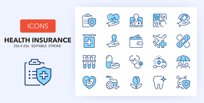 Line icons about outdoor health insurances. Contains such icons as coverage, treatments, deceased and more. 256x256 Pixel Perfect editable in two colors