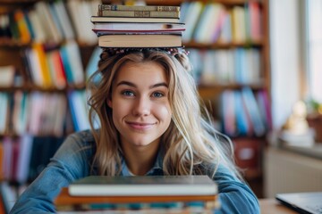 Female balancing books on head