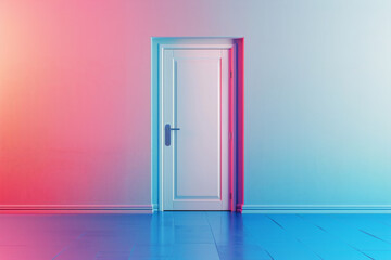 Plain white door against a gradient background transitioning smoothly from one vibrant color to another. The door's simplicity stands out against the colorful backdrop